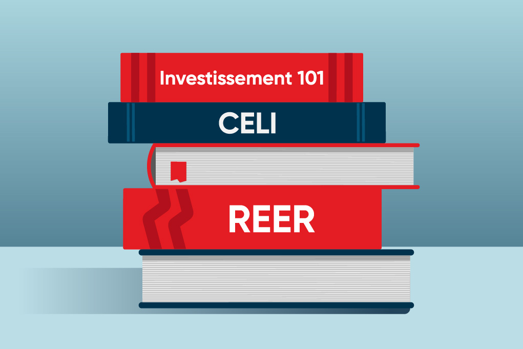 Dessin représentant des livres posés les uns sur les autres avec les mentions Investissement 101 CELI et REER 