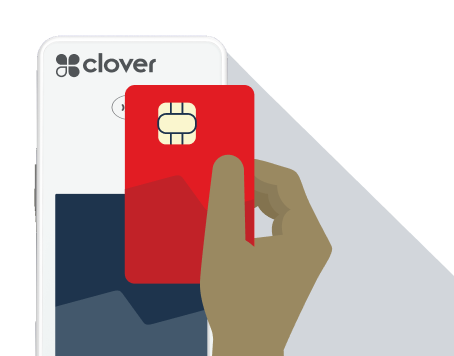 Dessin d’une main tenant une carte bancaire à puce au-dessus d’un terminal de paiement Clover 